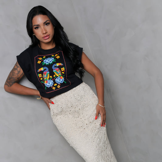 Polera Estampada Brasileña Manga Japonesa ~ Cuadro Tucanes Negra