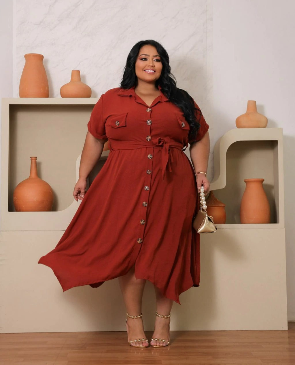 Vestido Camisero Talla Grande Con Botones Y Cinturón – Encanto Carioca