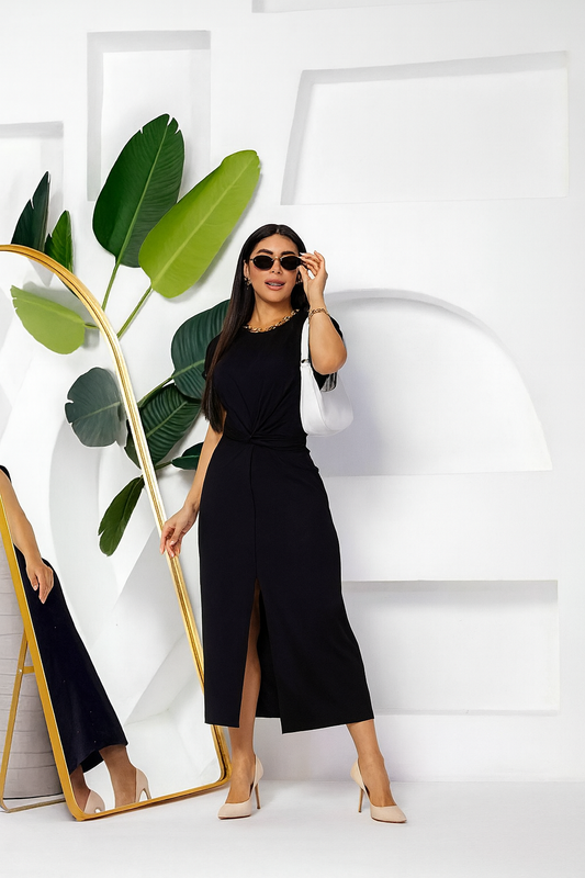 Vestido Largo Negro con Lazo en Cintura