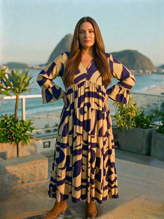 Vestido Lourdes - Largo Talla Grande Estampado Geométrico Azul Y Beige