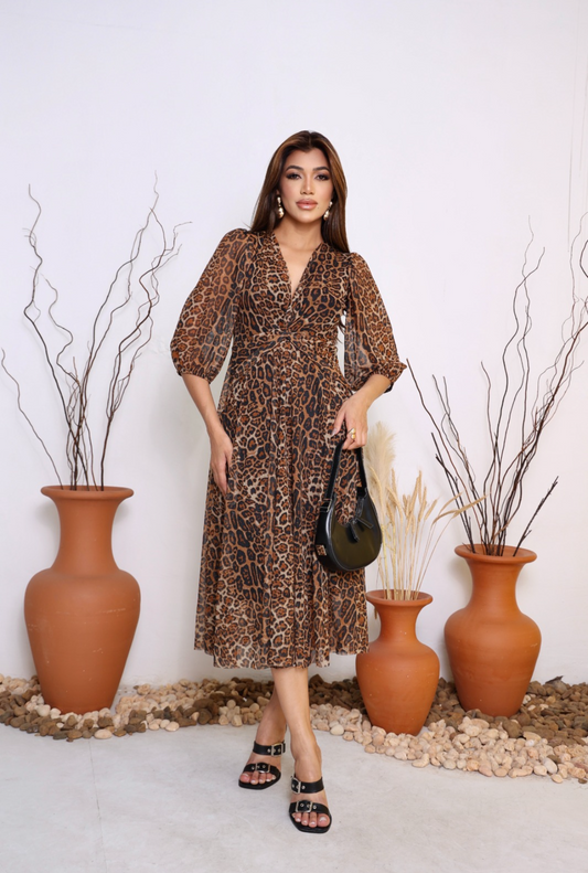 Vestido Midi Cruzado Con Mangas Media ~ Animal Print