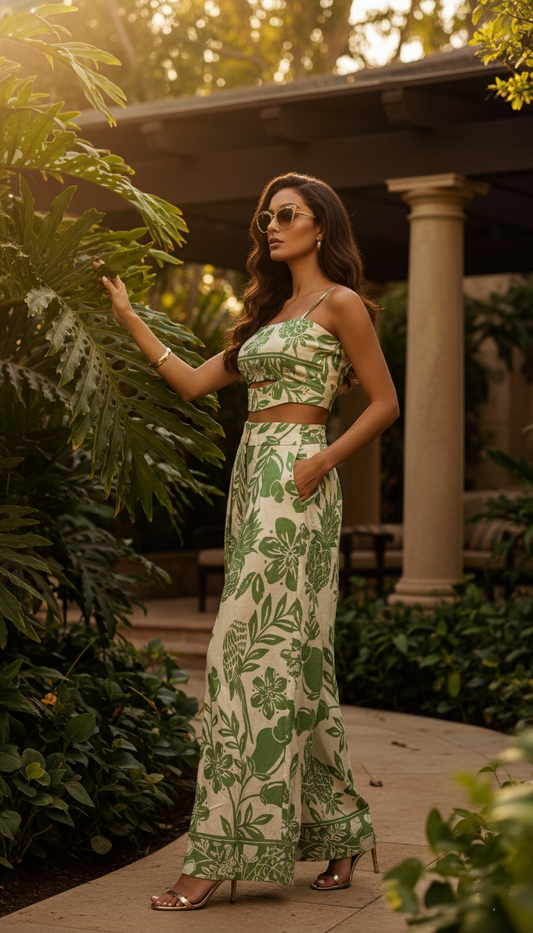 Conjunto Pantalón Estilo Palazzo y Top Estampado Brasileño - Verde