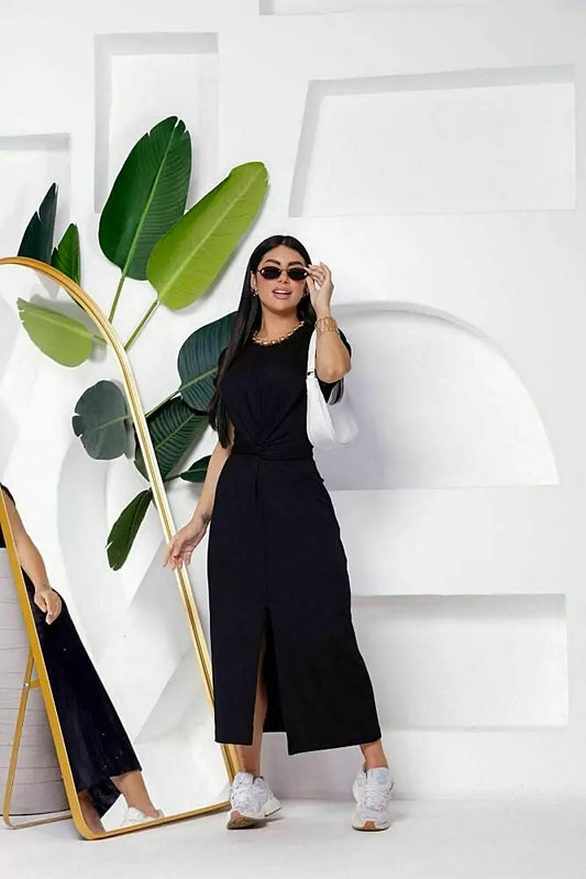 Vestido Largo Negro con Lazo en Cintura