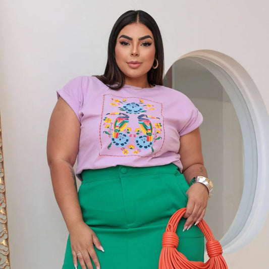 Polera Estampada Brasileña Manga Japonesa Talla Grande ~ Farm Tucanes Rosada