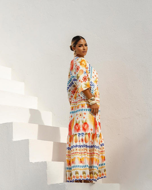 Vestido Largo Tropical Brasileño Blanco con Estampados