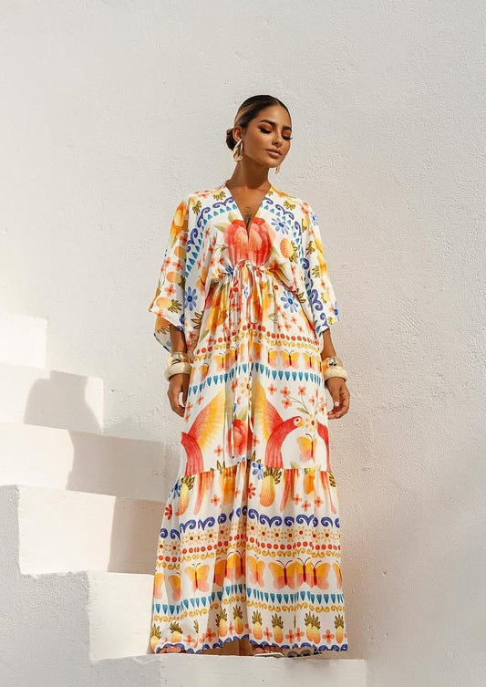 Vestido Largo Tropical Brasileño Blanco con Estampados