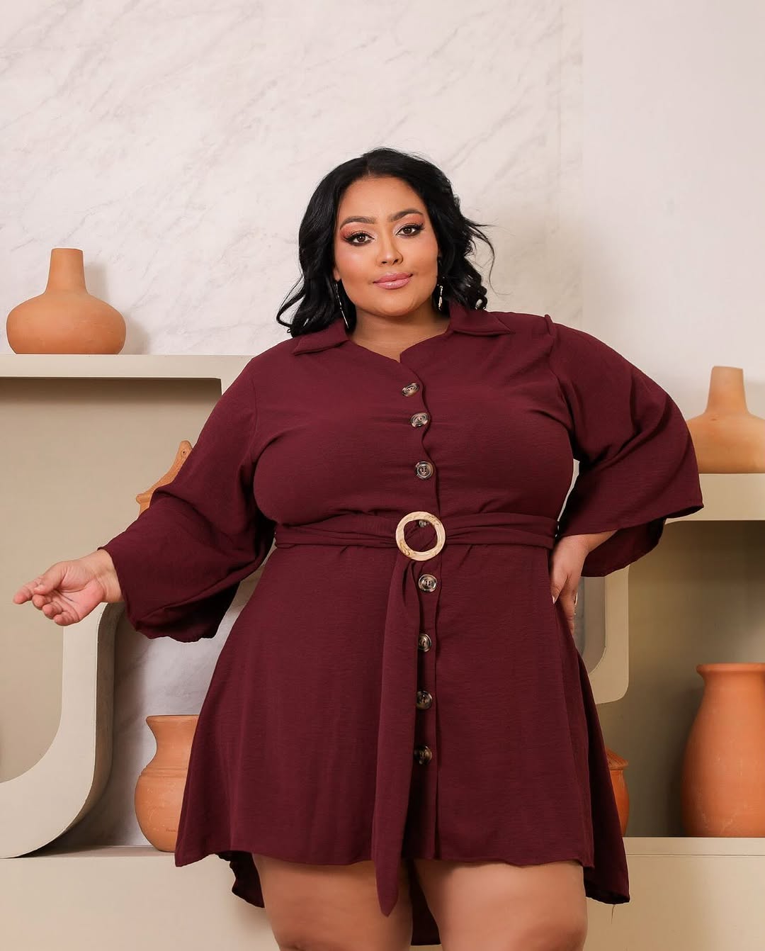 Vestido Camisero Corto Talla Grande con Botones y Cinturón