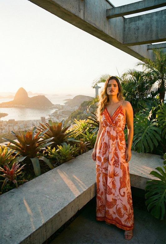 Vestido Largo Brasileño Estampado Con Tirantes y Lazo ~ Estampado Tigres