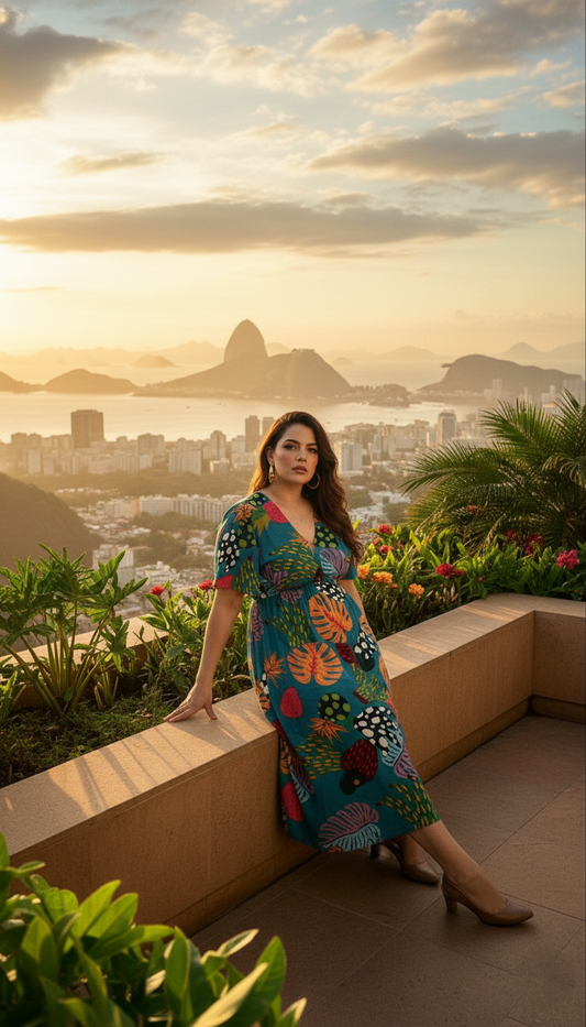 Vestido Largo Tropical Brasileño – Estampado Turquesa