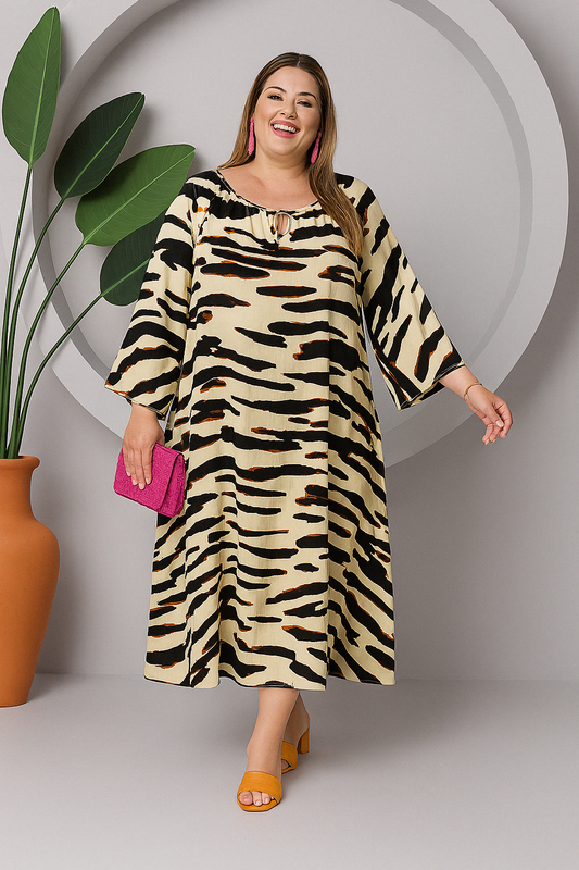 Vestido Midi Talla Grande Manga Larga Ancha Estampado Vibrante Brasileño