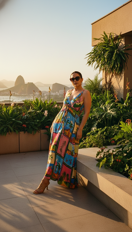 Vestido Largo Brasileño Estampado Con Tirantes y Lazo Ajustable