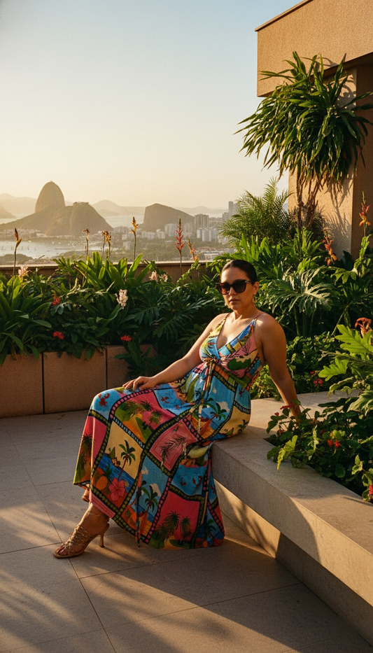 Vestido Largo Brasileño Estampado Con Tirantes y Lazo Ajustable