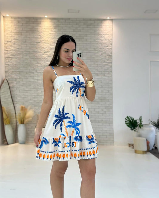 Vestido Corto Brasileño Blanco Estampado Frutas - 2 Diseños