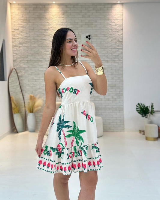 Vestido Corto Brasileño Blanco Estampado Frutas - 2 Diseños