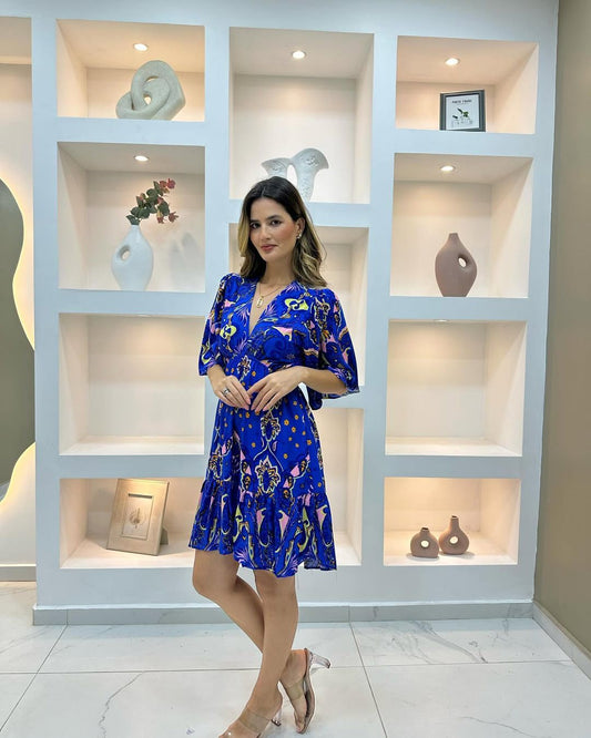 Vestido Corto Estampado Brasileño Con Mangas Azul