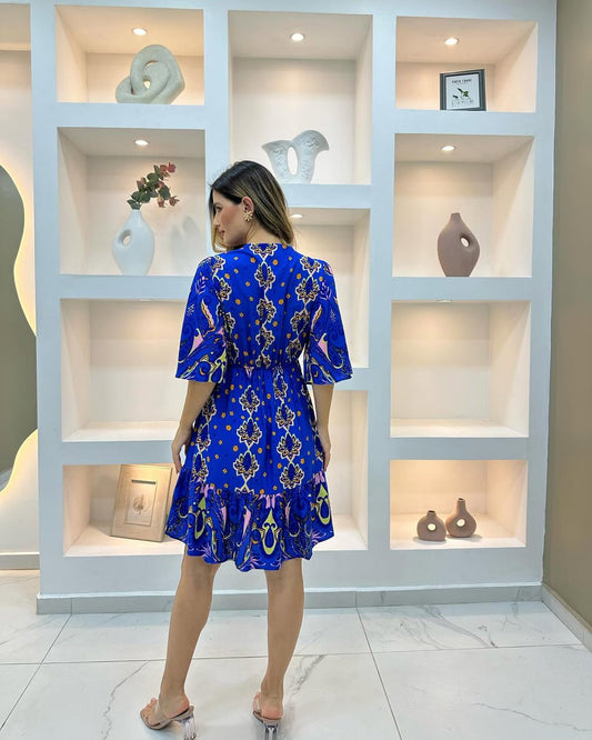 Vestido Corto Estampado Brasileño Con Mangas Azul