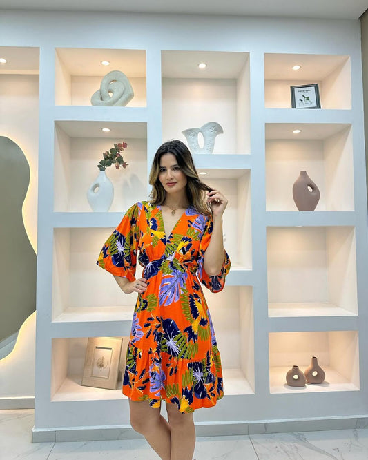 Vestido Brasileño Corto Estampado Con Mangas Naranja