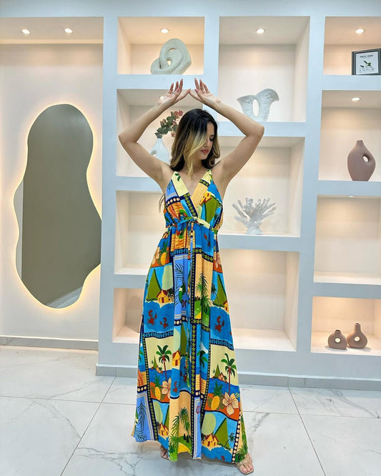 Vestido Largo Brasileño Estampado Con Tirantes y Lazo Ajustable