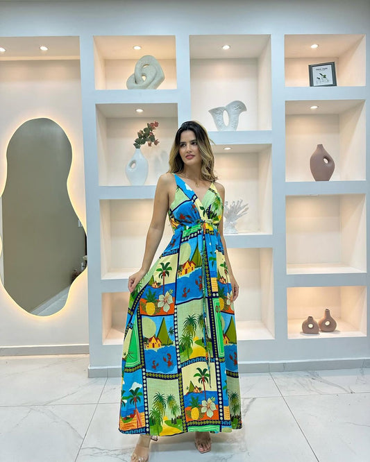 Vestido Largo Brasileño Estampado Con Tirantes y Lazo Ajustable