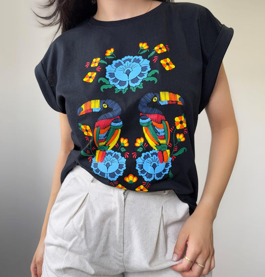 Polera Estampada Brasileña Manga Japonesa ~ Cuadro Tucanes Negra