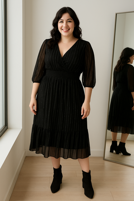 Vestido Midi Cruzado Con Mangas Media ~ Negro