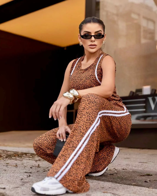 Conjunto Animal Print Pantalón estilo Palazzo y Polera Estampa Leopardo