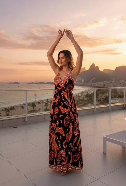 Vestido Largo Brasileño Estampado Con Tirantes y Lazo Ajustable