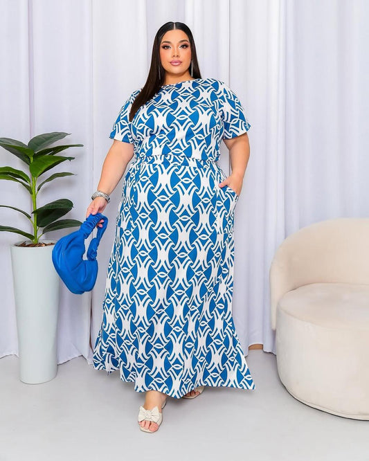 Conjunto Curvy Polera Con Falda Azul y Blanco