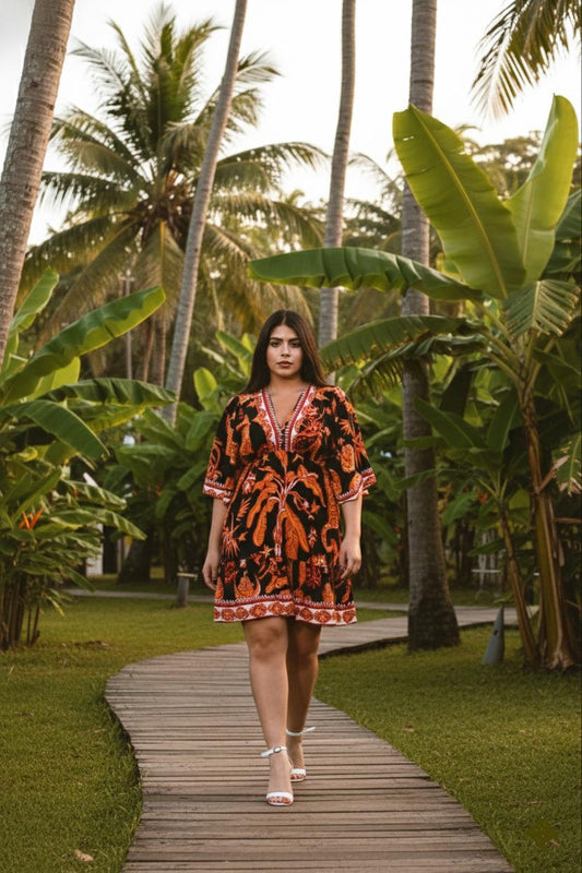 Vestido Brasileño Corto Con Mangas - Negro con estampado de Tigres