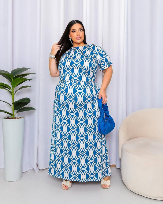 Conjunto Curvy Polera Con Falda Azul y Blanco