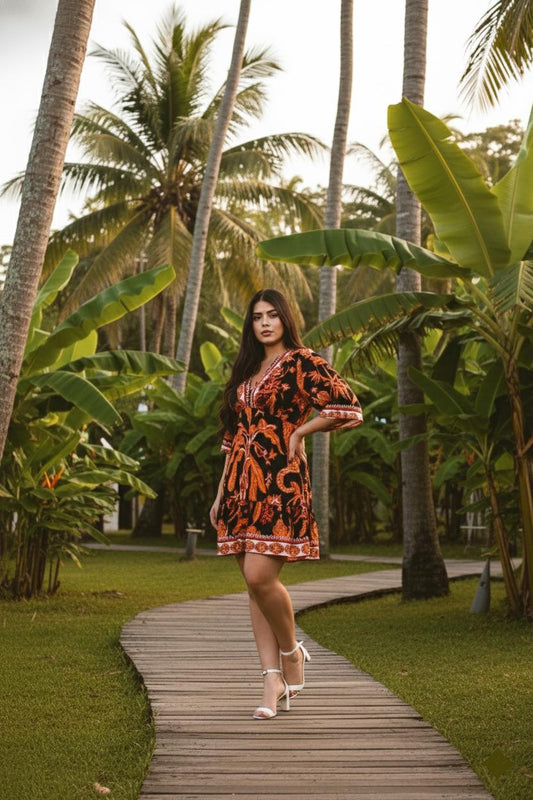 Vestido Brasileño Corto Con Mangas - Negro con estampado de Tigres