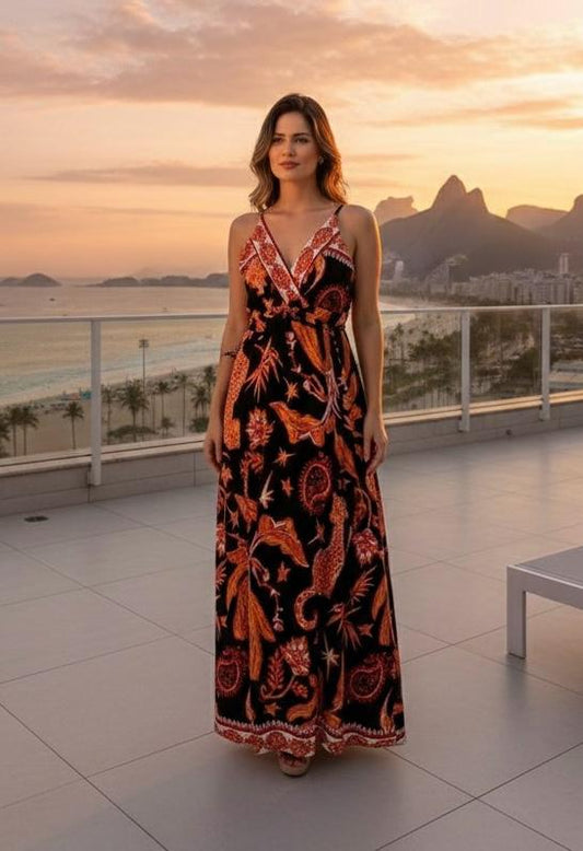 Vestido Largo Brasileño Estampado Con Tirantes y Lazo Ajustable