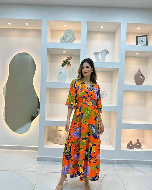 Vestido Largo Tropical Brasileño – Estampado Flores Naranjo