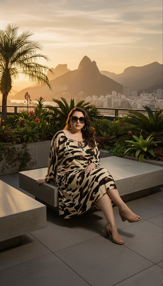 Vestido Midi Talla Grande Manga Larga Ancha Estampado Vibrante Brasileño - Beige