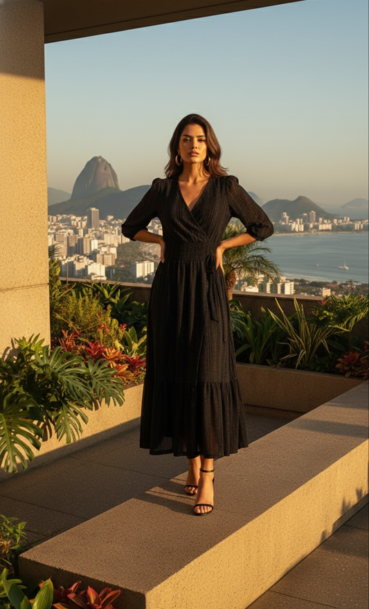 Vestido Midi Cruzado Con Mangas Media ~ Negro