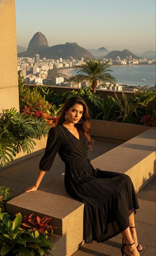 Vestido Midi Cruzado Con Mangas Media ~ Negro