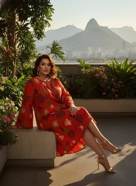 Vestido Midi Talla Grande Manga Larga Ancha Estampado Vibrante Brasileño - Rojo