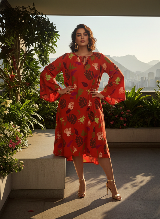 Vestido Midi Talla Grande Manga Larga Ancha Estampado Vibrante Brasileño - Rojo