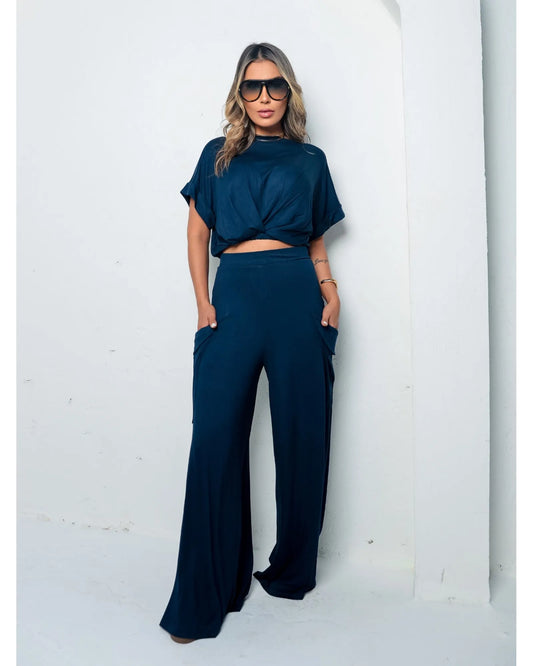 Conjunto Pantalón Palazzo Estilo Cargo y Blusa elasticada