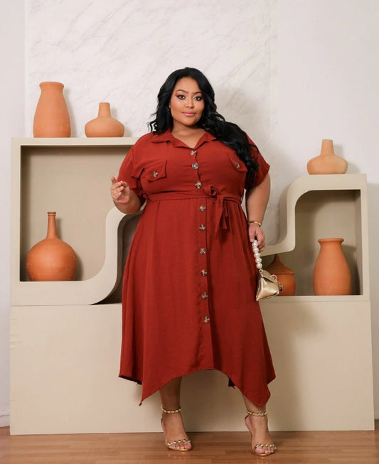 Vestido Camisero Plus Size Con Botones Y Cinturón