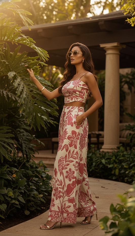 Conjunto Pantalón Estilo Palazzo y Top Estampado Brasileño - Rosado