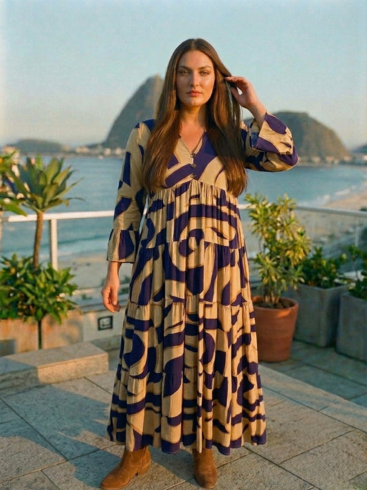 Vestido Lourdes - Largo Talla Grande Estampado Geométrico Azul Y Beige
