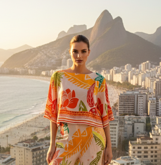 Conjunto Pantalón Estilo Palazzo y Blusa Estampado Brasileño - rosado pastel