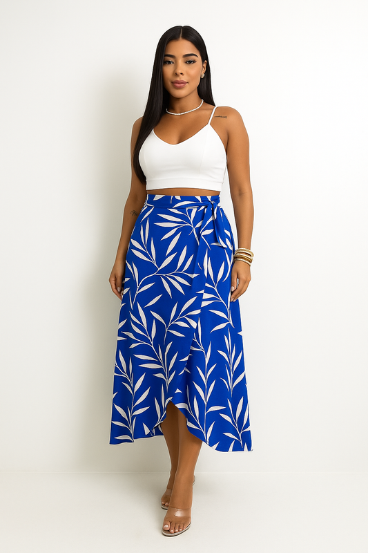 Falda Midi Cruzada Azul con Estampado de Hojas Blancas