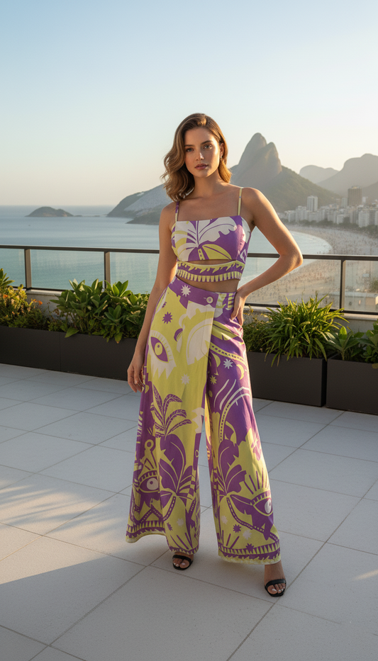 Conjunto Pantalón Estilo Palazzo y Top Estampado Brasileño - Amarillo y Morado