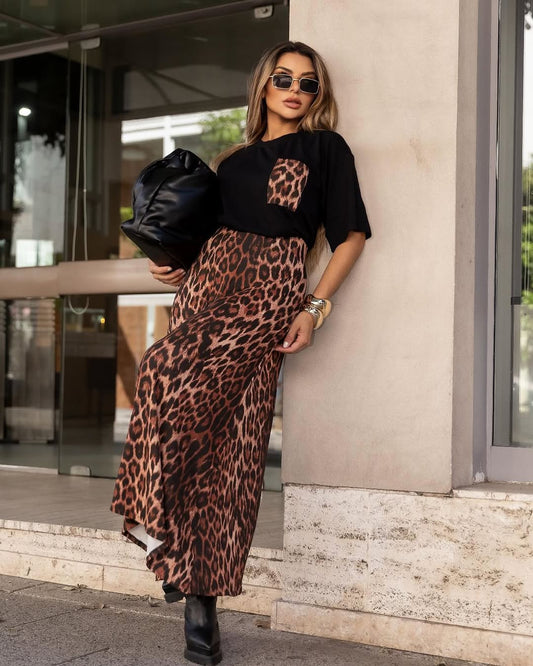 Conjunto Animal Print Falda Terracota Y Polera Negra