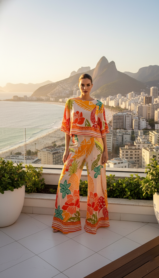 Conjunto Pantalón Estilo Palazzo y Blusa Estampado Brasileño - rosado pastel