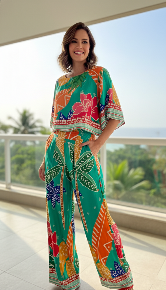 Conjunto Pantalón Estilo Palazzo y Blusa Estampado Brasileño - Turquesa Farm