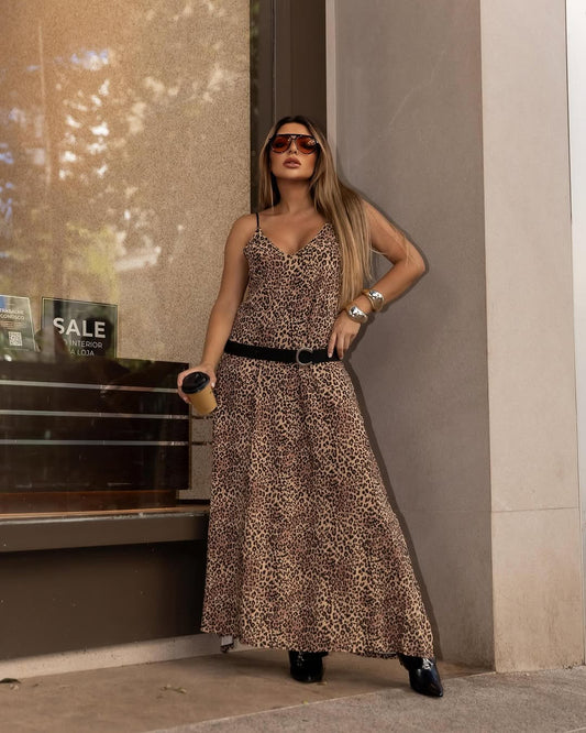 Vestido Largo Animal Print Con Tirantes Cafe