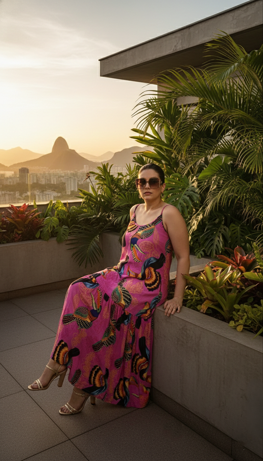 Vestido Largo Brasileño Estampado Con Tirantes y Escote redondo